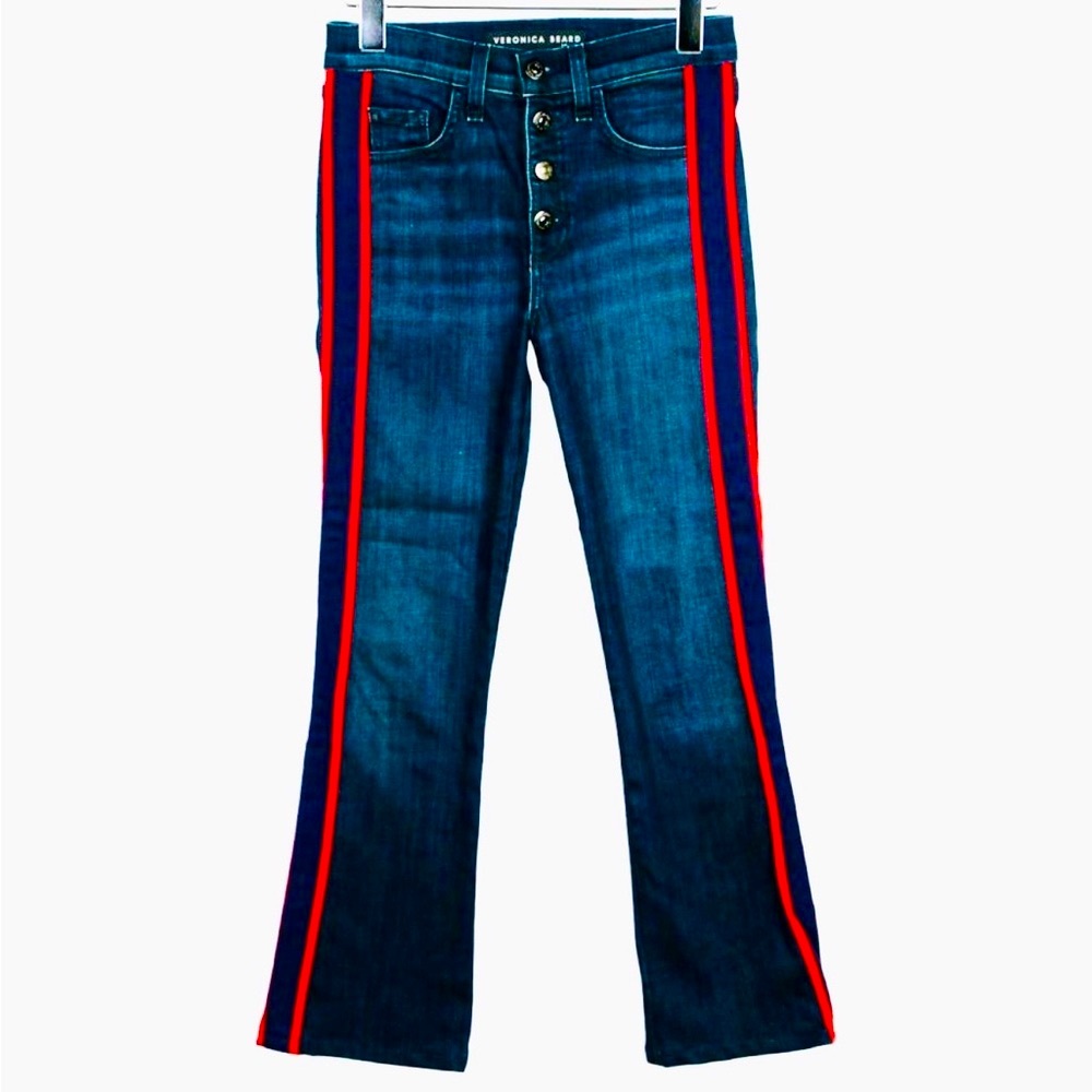 Veronica Beard Host Pick 🎉 Mid Rise Straight Jeans with red stripes